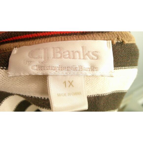 CJ Banks Women's 1X Round Neck Brown/White Striped Blouse with front tie 3/4 Sle - Picture 5 of 7